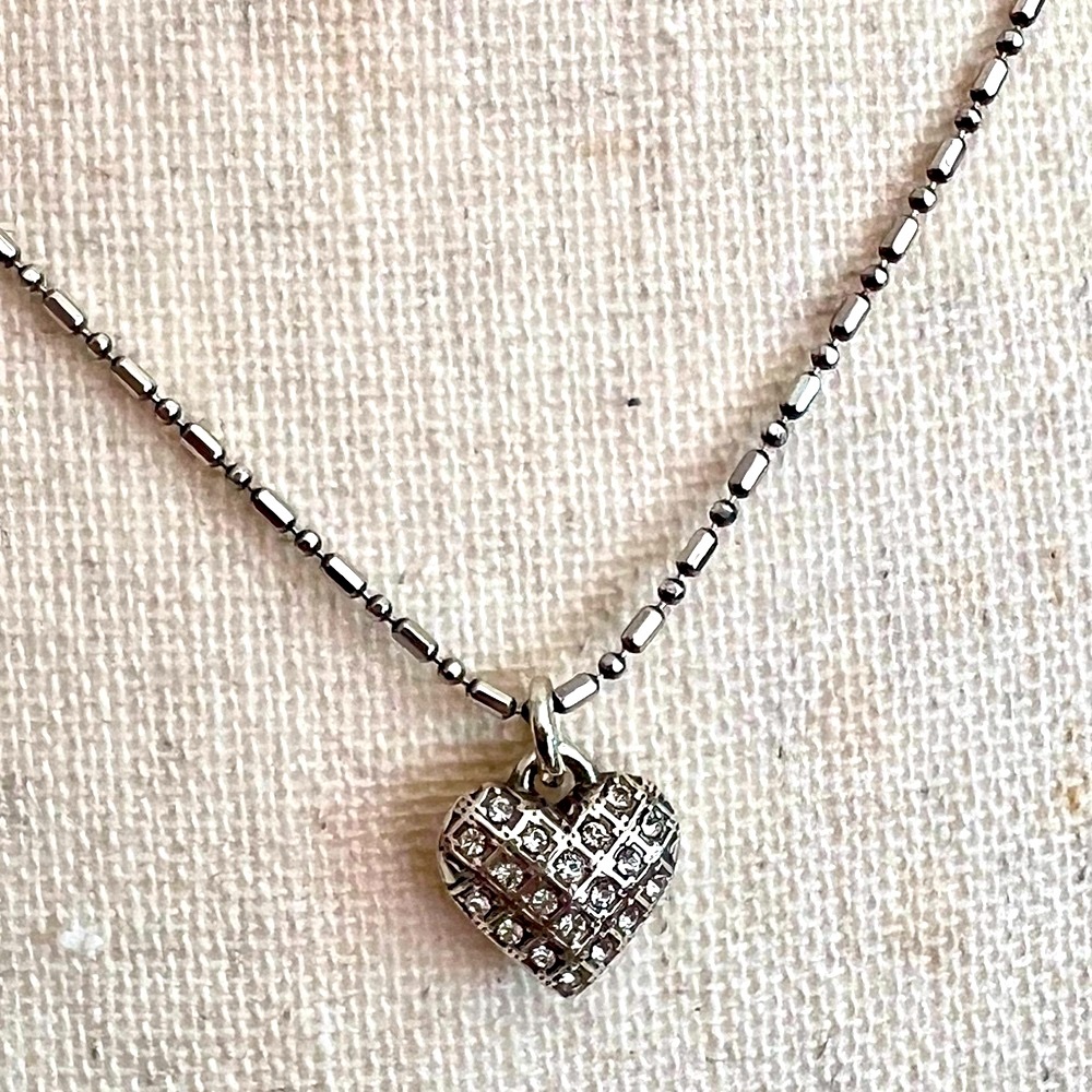 Brighton Small Crystal Studded Heart Necklace Delicate Chain Silver Plated EUC